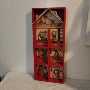 Vintage 6 Compartment Red Wooden Doll House Christmas Shadow Box